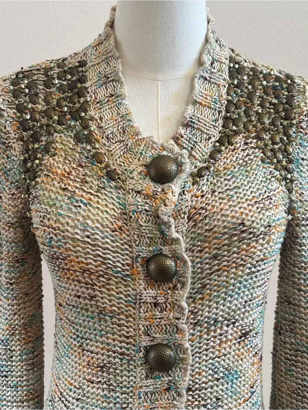 BCBG Max Azria Embellished Knit Cardigan Sweater Small Beaded Button Front